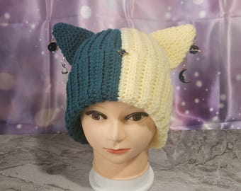 Premade Crochet Teal Latte Medium/Large Adult Sized Galaxy Cat Slouchy Hat with Moon Star Charms and Crystal Pendants