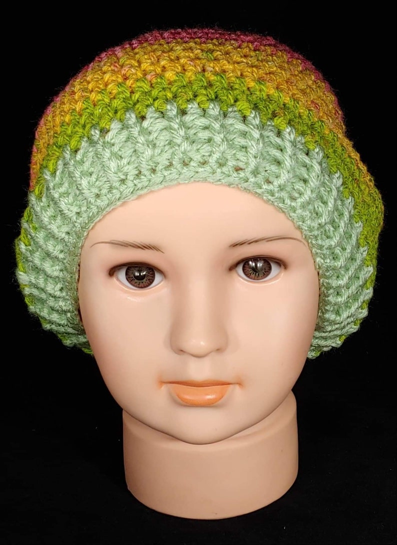Premade Crochet Strawberry Kiwi Pop cupcake Child sized beanie hat with ribbed edge and green pom pom