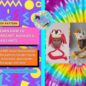 Puede incluir: Un patrón PDF digital para tejer a ganchillo dos gorros, uno rojo con orejeras largas y uno amarillo y blanco con orejas de zorro. El texto dice: PDF PATTERN, LEARN HOW TO CROCHET: KUCKLES & TAILS HATS, These PDF instant downloadable crochet patterns includes step by step instructions, photo guides, crochet gauge, and more!, NOT A FINISHED PIECE.