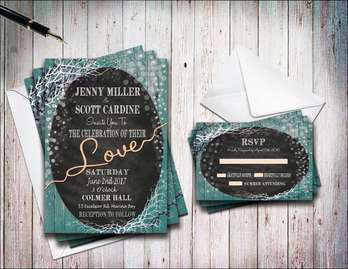 Rustic Shabby Chic Blue Wood Wedding Invitation Vintage Boho Etsy