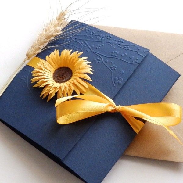 Zonnebloem handgemaakte uitnodiging/land uitnodiging/rustieke uitnodiging/Navy blauwe uitnodigen/unieke bruiloft uitnodigen/geel daisy uitnodiging bruiloft