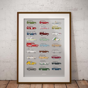 May include: Framed print with illustrations of classic estate cars in diverse colours. The artwork presents detailed, stylized depictions of various models and designs. The print is set against a light grey background, with a brown frame.
