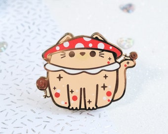 Broche Champicat, o Gato, em formato de cogumelo com caracóis de esmalte rígido para decorar uma jaqueta ou sacola - Coleção Whiskered Wonders