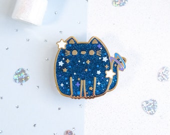 Stardust the Galaxy Cat Pin with Stars with Hard Enamel Glitter to Decorate a Jacket or Tote Bag - Whiskered Wonders Collection