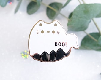 Boo! the Ghost Cat pin with hard enamel glitter to decorate a jacket or totebag - Whiskered Wonders Collection