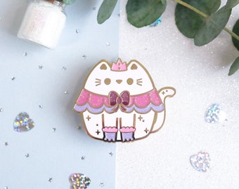 Princess Pins Pink Princess Cat and Hard Enamel Glitter Crown to Decorate a Jacket or Tote Bag - Whiskered Wonders Collection