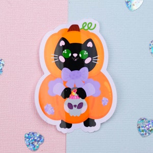 Autocollant Petit Chat déguisé en Citrouille - Autocollant Halloween Mignon - Bullet Journal stickers - Autocollant chat citrouille