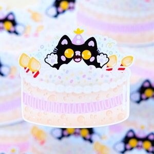 Autocollant résistant à l’eau Kawaii Gateau Anniversaire avec chat et confettis parfait pour décorer planificateur et agenda