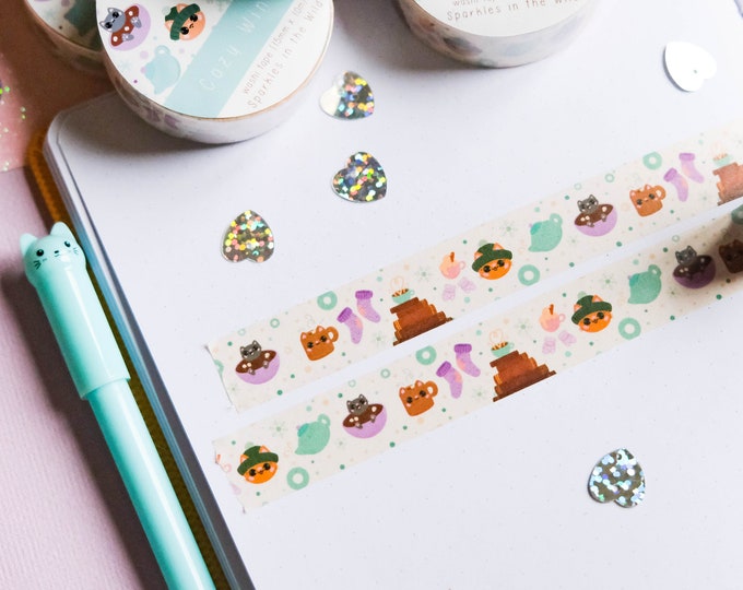 Washi tape 15mmx10m Cozy Winter with cute cat and hot drinks bullet journal decorations