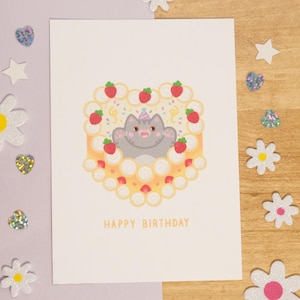 Carte d'Anniversaire pour fan et amoureux des Chats - Dessin Chat Gris et Gâteau Mignon