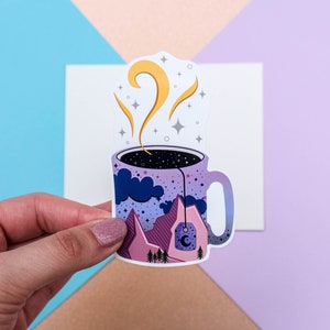 Galaxy and Mountains Teacup Sticker - Cute Galaxy and Stars White Glossy Vinyl