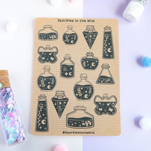Feuille d'autocollant Kraft Kawaii Magical Potion - Autocollant Esotérisme et Magique - Autocollant bullet Journal et Planificateur
