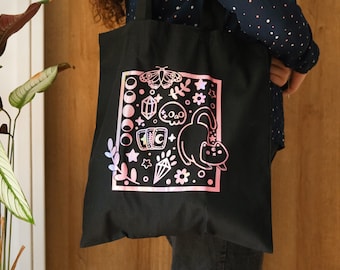 Borsa tote nera con design esoterico olografico celeste e lunare con gatto e carta dei tarocchi