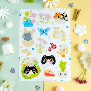 Feuille d'autocollant bullet journal résistant à l'eau Kawaii Printemps coloré avec des chats et des fleurs parfaits pour décorer planner