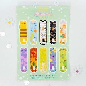 Feuille d'autocollants Chat Mignon et Long - Série verte - Collection Whiskered Longers