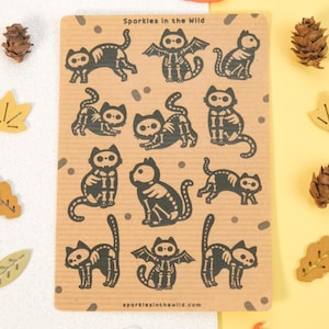 Feuille d'autocollants Kraft Squelette de Chat pour bullet journal