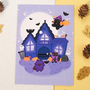 Illustration Manoir Hanté Mignon Carte A6 pour offrir ou décorer sa chambre