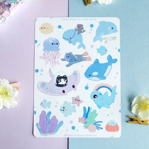 Kawaii Ocean Waterproof Sticker Sheet with Cute Dolphins, Sharks and Cats to Decorate Bullet Journal and Diary