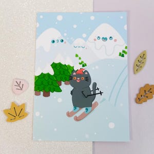 Illustration Montagnes d'hiver et chat mignon Carte A6 pour offrir ou décorer sa chambre