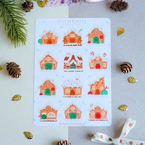 Feuille d'autocollant résistant à l'eau glossy Maison en pain d'épices décorées pour décorer les bullets journals pour Noël