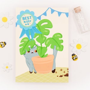 Illustration Chat Gris Mignon et Plante Kawaii Carte A6 pour offrir ou décorer sa chambre
