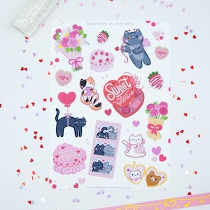 Feuille d'autocollants Sweet Love avec des petits chats mignons parfaits pour décorer planificateur ou saint valentin