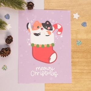 Carte de Vœux de Noël Chat Calico et Chaussette de Noël pour fan et amoureux des Chats