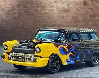 1-64 Scale / S-Scale 1957 Chevy Nomad Gloss Black with Yellow  Blue Flames -Great For Dioramas & Diecast Photography (JL)