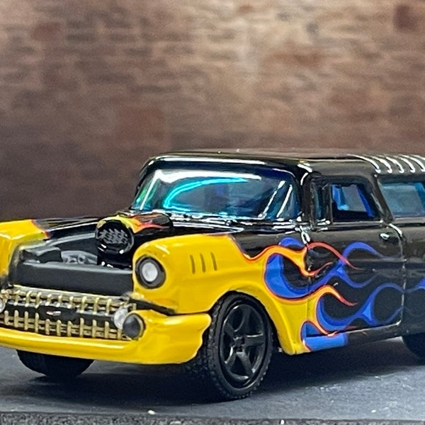 1-64 Scale / S-Scale 1957 Chevy Nomad Gloss Black with Yellow  Blue Flames -Great For Dioramas & Diecast Photography (JL)