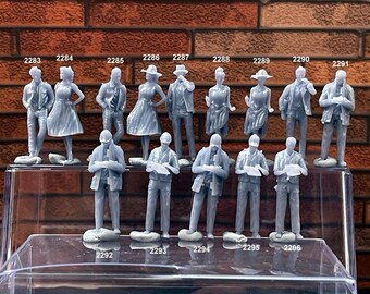 May include: A collection of 11 gray plastic figurines of people in various poses. The figurines are numbered 2283 through 2296. The figurines are displayed on a clear plastic shelf.