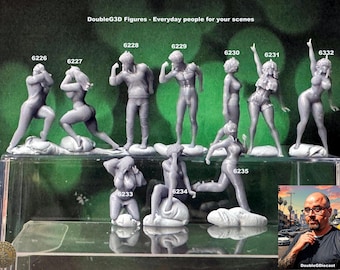 May include: A collection of eleven grey resin miniature figures labeled 6226 through 6235, each in a distinct pose. The text DoubleG3D Figures - Everyday people for your scenes is visible at the top, with a small inset photo of a person in the corner.