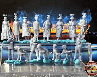 May include: A collection of unpainted miniature figures, including people and dogs, displayed on a clear surface. The figures are numbered and appear to be part of a model kit or diorama set. The figures are in various poses and clothing styles.