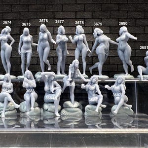 May include: A collection of 15 small, grey, plastic figurines of women in various poses. The figurines are arranged in a row on a clear shelf. Each figurine has a number printed on the base.