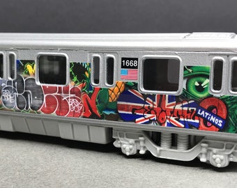 Graffiti Riddled Subway Train Car - Union Jack - Latino Tags, under 7&quot; Long. Great for Display or Diorama