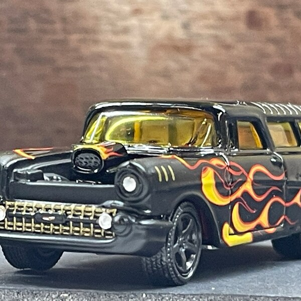 1-64 Scale / S-Scale 1957 Chevy Nomad Gloss Black with Yellow Flames -Great For Dioramas & Diecast Photography (JL)