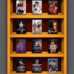 May include: A bookshelf with 10 books on it. The books are all different colors and have different titles. The titles include "Devil's Eye", "All That's Magic", "Dream Lover", "Love Betrayed", "Flying", "The Violin", "Behind Blue Eyes", "Desire Depravity", "Fur and Feathers", and "Ravens".