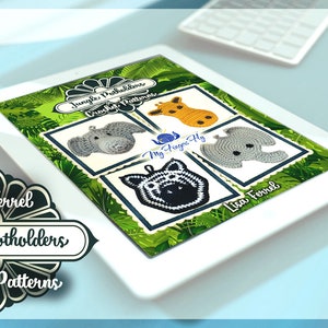 May include: A digital tablet displaying a set of four crochet potholder patterns featuring jungle animals. The potholders are a giraffe, an elephant, a zebra, and a rhino. The text on the tablet reads "Jungle Potholders Crochet Patterns" and "Lisa Ferrel".