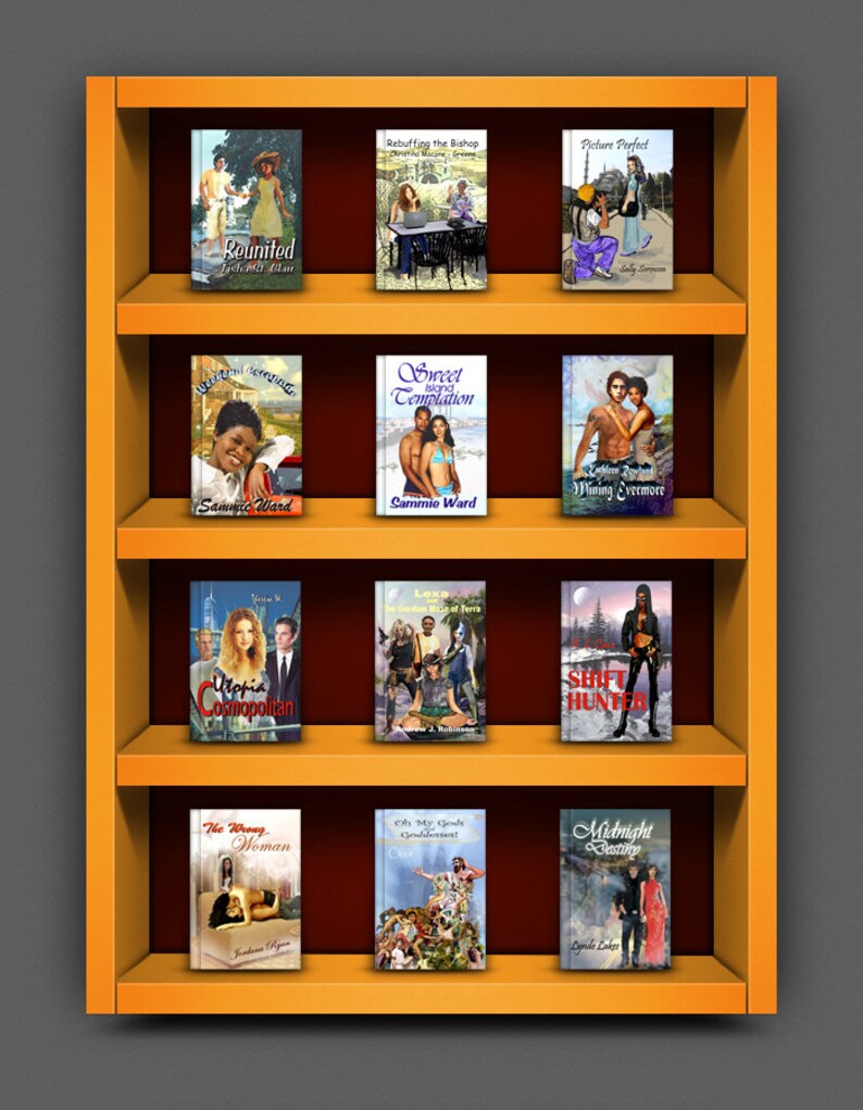 May include: A bookshelf with 12 books on it. The books are all different colors and have different titles. The bookshelf is made of wood and has a light brown finish.