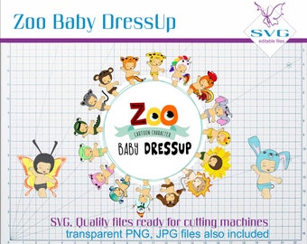 Zoo Animals Costume Baby Clipart, Animal Kawaii Kids Cutting Digital Clip Art, SVG Graphic, Baby Digital Scrapbook Kit, Dresss Up Clipart