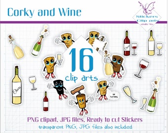Vector Wine Bottle Art, Cork Character Clipart, Wine Clip Art, Clip art Commercial Use, Cute Cartoon Clip Art, Clipart Digital Pack, PNG