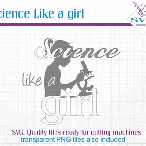 Puede incluir: Una silueta gris de una persona mirando a través de un microscopio con el texto "Science like a girl" en una fuente estilizada.