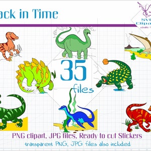 May include: A set of 35 dinosaur clip art images in SVG, PNG and JPG formats. The dinosaurs are colourful and cartoonish, with a variety of poses and expressions. The image includes the text "Back in Time" and "SVG Cliparts editable files".