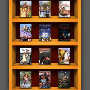 May include: A bookshelf with 12 romance novels. The books have colorful covers with images of couples and text titles. The titles include "Two Worlds Apart", "Billboard Cop", "Meant to Be", "First Time", "Windward Whisperings", "Spanish Waters", "You & Me", "Solid Ground", and "Little Kunoichi".