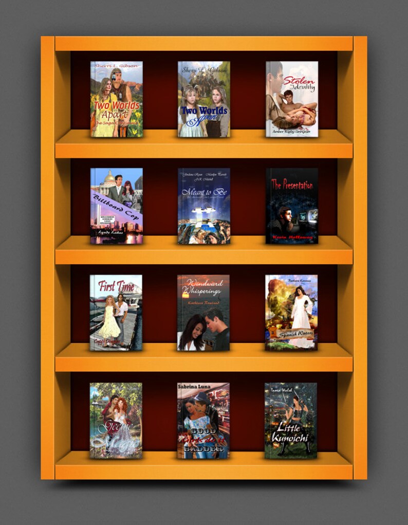 May include: A bookshelf with 12 romance novels. The books have colorful covers with images of couples and text titles. The titles include "Two Worlds Apart", "Billboard Cop", "Meant to Be", "First Time", "Windward Whisperings", "Spanish Waters", "You & Me", "Solid Ground", and "Little Kunoichi".