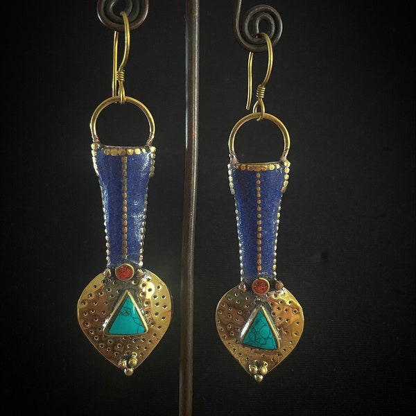 Spoony narrow long brass art nuveaus earrings with lapis and turquoise