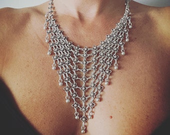 Bib triangle chain necklace with round studs beads, silver plated