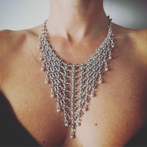 Bib triangle chain necklace with round studs beads, silver plated pending balls