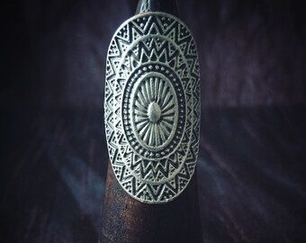 Mandala ring, long tribal statement ring, zamak silver plated, sacred geometry carving, boho, hippychic, gypsy, ethnic, aztec, sun calendar