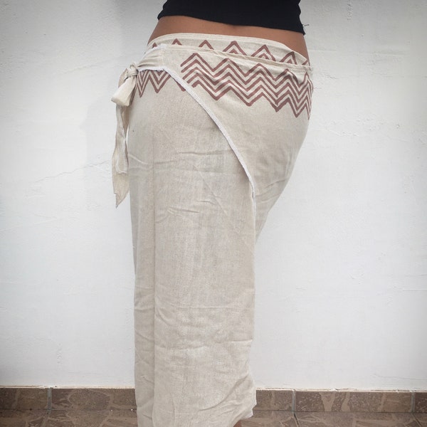 Langer Wickelrock aus Jute-Baumwolle mit einheimischem Handblockdruck