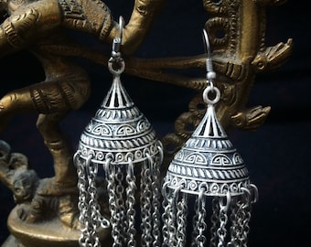 chain chandelier earrings - hook earrings - silver plated earrings - tribal - bellydance - bangra - shiva nataraja - gypsy - boho - chic